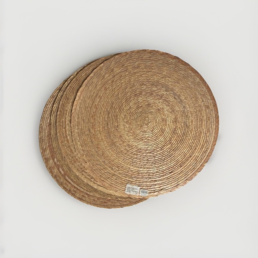 Crate & Barrel VTG Fiesta Palm Natural Woven Jute Placemats Set 4 - 16" Round